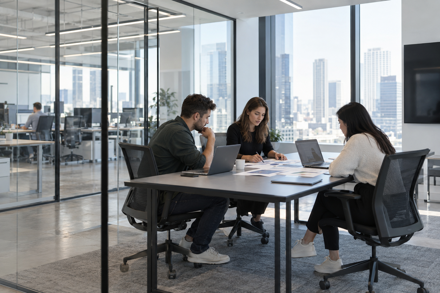 People reviewing a project around a meeting table in a bright, glass-walled city office